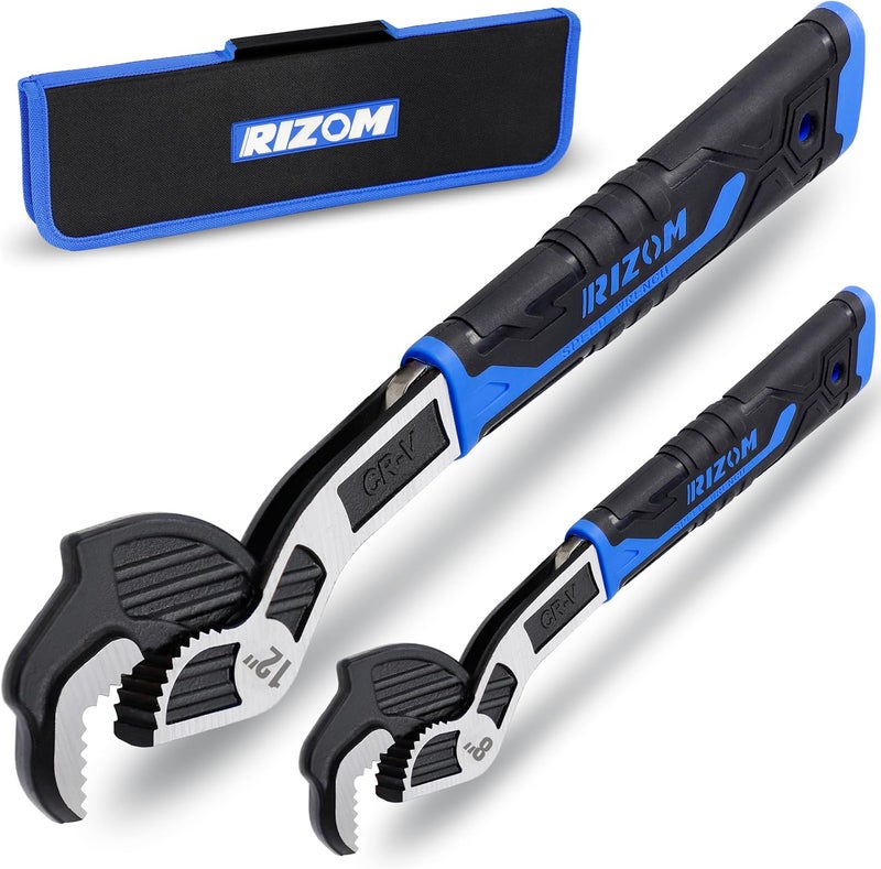Rizom Self Adjusting Wrench, 8” and 12” Pipe Wrench, 2-Piece Self Adjustable Wrench Set with 3/8 to 1-3/4 inch Jaw Open - Image 1